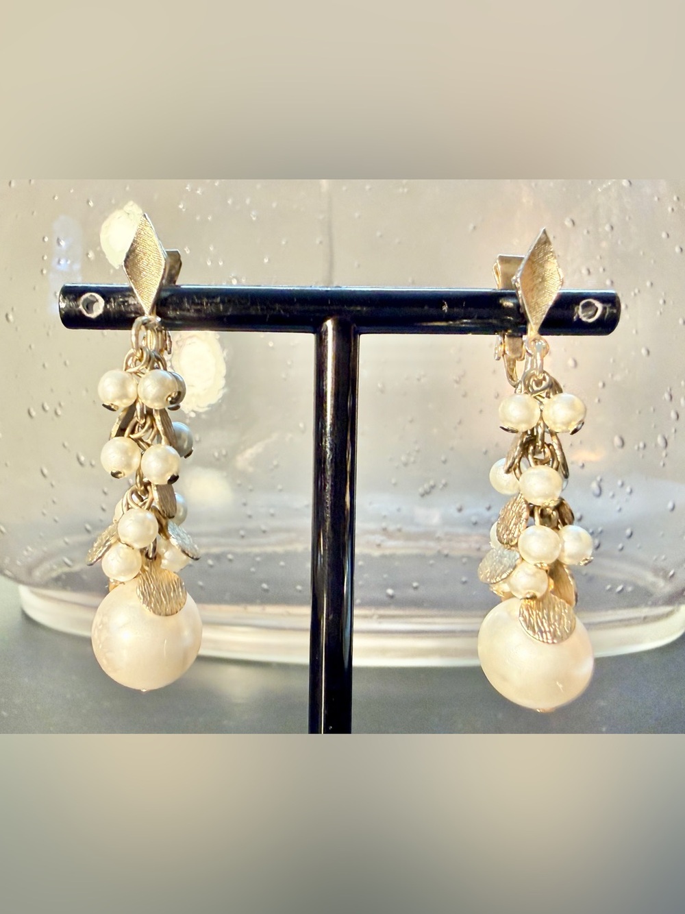 Vintage Mid Century Lewis Segal Silver Tone Ivory Pearl Dangle Clip On Earrings